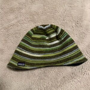 Patagonia Green and White Striped Beanie
